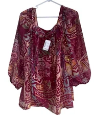 NWT CJ Banks Womens Blouse Plus Sz 1X Pink Floral Fairy Blouson Semi Sheer