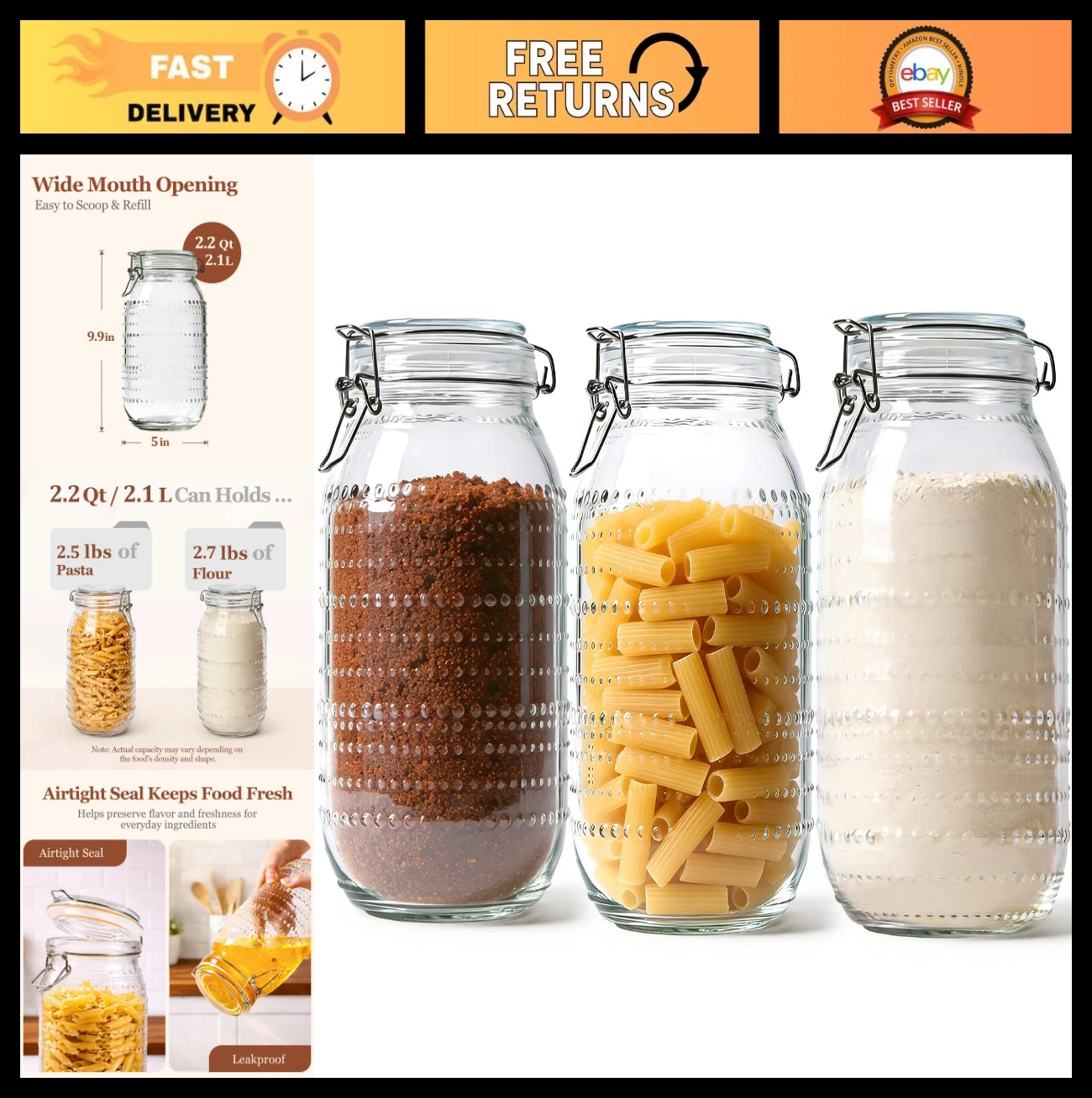 3 Pack 0.5 Gallon Wide Mouth Glass Jars with Airtight Lids - Food Storage Contai