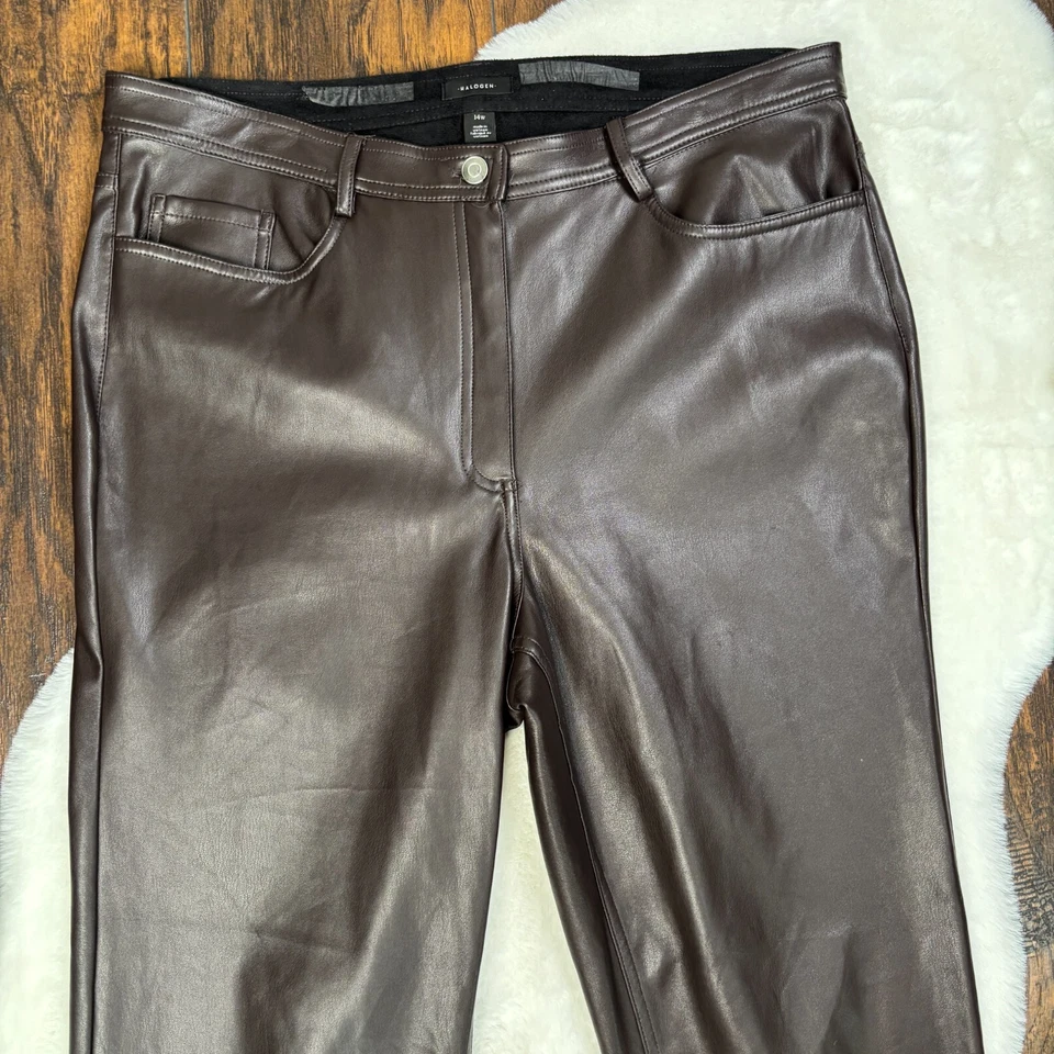 Галогеновые брюки из искусственной кожи 14 Вт прямые штанины с высоким подъемом коричневые - Изображение 2 из 4