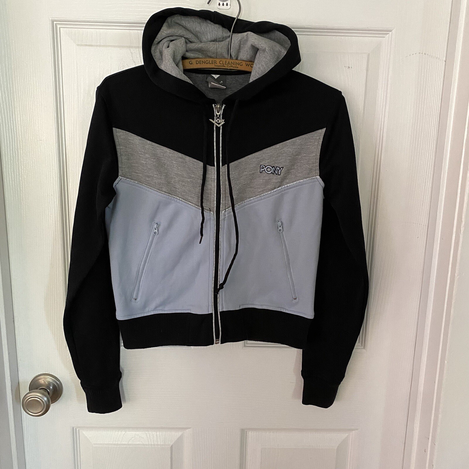 PONY Giacca Vintage Zip Up Donna S con Cappuccio Blu Nero Colorblock