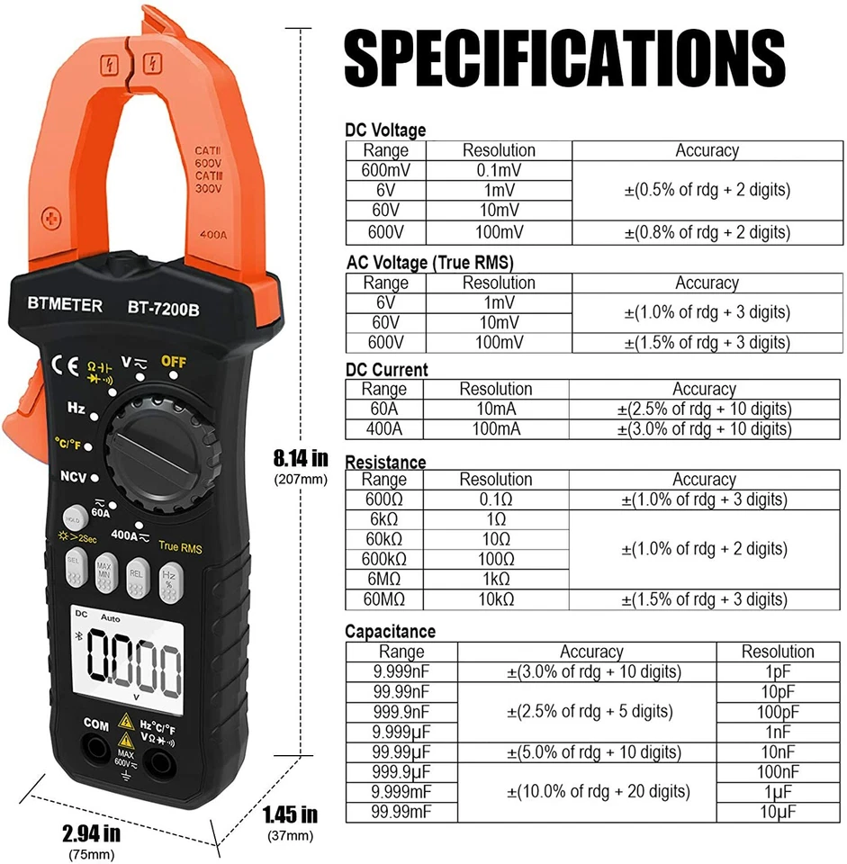 BTMETER Zangenmultimeter Digital Zangenmessgerät TRMS AC DC Stromzange NCV LCD - Bild 2 von 4