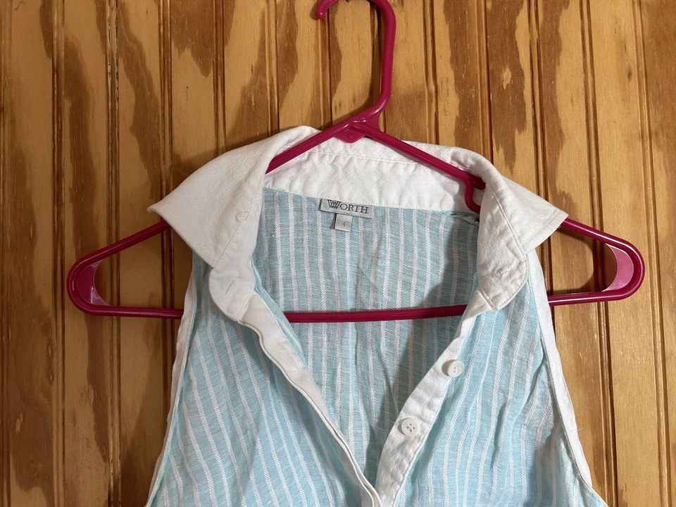 Blusa Worth feminina listrada azul e branca de linho com colarinho botão para baixo tamanho 4 - Imagem 3 de 4