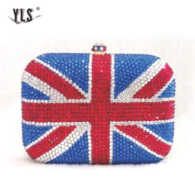 Blue~Red~Clear Crystal British Flag Clutch Evening Cocktail Purse Bag