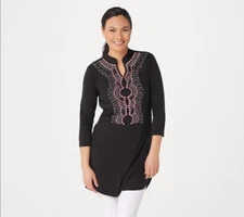Attitudes by Renee Regular Como Jersey Embroidered Tunic-Black-XS A375888 NEW