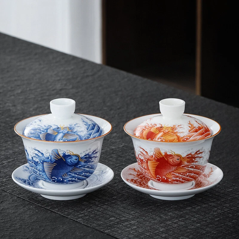 Plato de porcelana 180 ml con tapa taza platillo Sancai cuenco pescado estampado cerámica Gaiwan Foto 2 de 4
