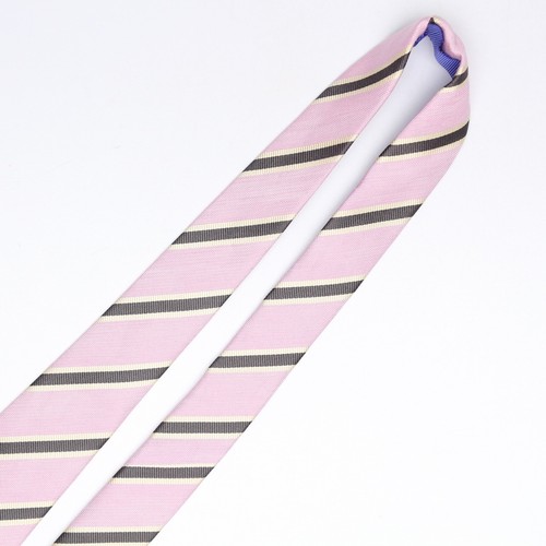 John G Hardy Mens Linen Silk Necktie Pink Gray White Repp Stripe Weave Woven Tie - Picture 4 of 8
