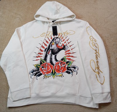 Ed Hardy Hoodie Mens XL Cream Black Panther Pullover Hooded Sweatshirt NWT