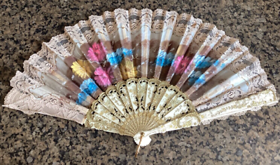 Antique Victorian Celluloid Lace & Hand Painted Flowers Folding