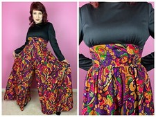 Vintage 1970s 70s Long Sleeve Jumpsuit with Psychedelic Barkcloth Palazzo Pants