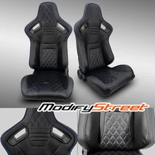2 x BLACK PVC LEATHER/BLUE STITCH LEFT/RIGHT RACING SEATS