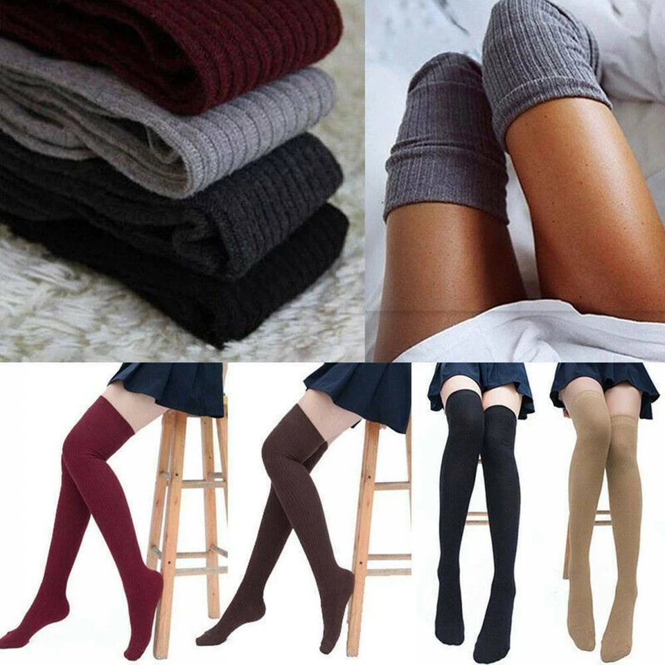 2 Pairs Women Long Socks Warm Over Knee High Wool Knitted Thick Stockings Thigh - Image 2 of 4