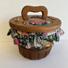 LG Vintage Half Bushel Lined Craft Basket Double Hinged Lid Wood Heart Handle