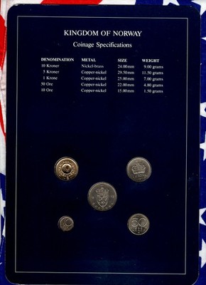 Coin Sets of All Nations Norway w/card UNC 10,50 Ore 5,10 Kroner