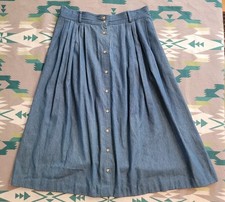 VINTAGE Womens Pleated Midi Denim Skirt Chambray Sz 18 Prairie Western USA Made