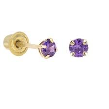 Baby Earrings Purple Cz Solid 14k Gold Screw Protective Backs 2mm