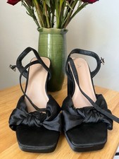 Women s Black Strappy Block Heel Sandals Square Toe Ankle Strap Bow Buckle