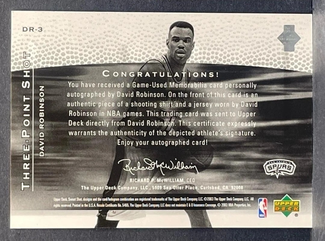 2003-04 SWEET SHOT DAVID ROBINSON THREE POINT SHOTS GAME-USED JERSEY AUTO SP/50 view 2