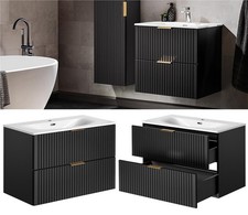 Black Vanity Unit 800mm Ceramic Sink Bathroom Wall Cabinet Ribbed Fluted Adet