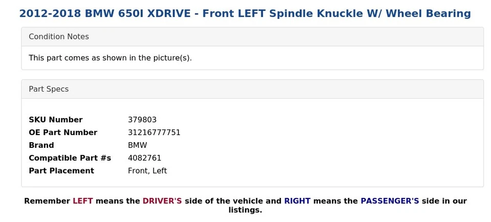 2012-2018 BMW 650I XDRIVE - Front LEFT Spindle Knuckle W/ Wheel Bearing - Image 4 of 4