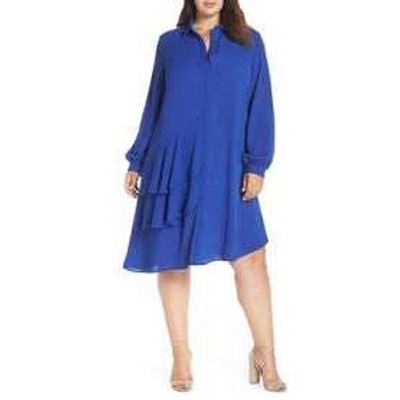 Lost Ink Shirt Dress Women 3X Royal Blue Ruffle Asymmetric Hem Contemporary Bold