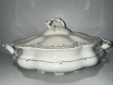 Johnson Brothers England Covered Tureen 8"x11" Gold Trim Embossed Design Vintage