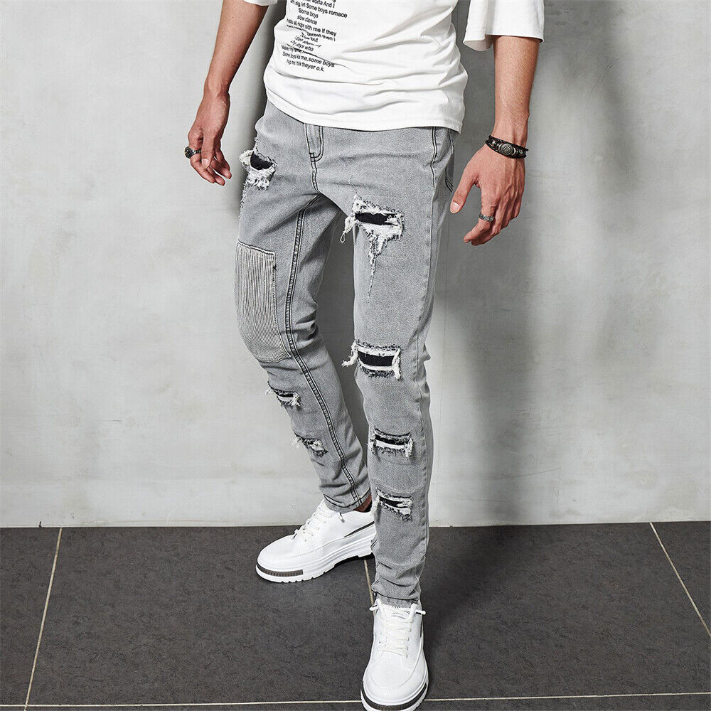 Mens Skinny Ripped Jeans Denim Pants Casual Stretch Slim Fit Hip