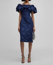 Jovani Women's Blue Floral Jacquard Ruffled Off-Shoulder Sheath Dress Size 6