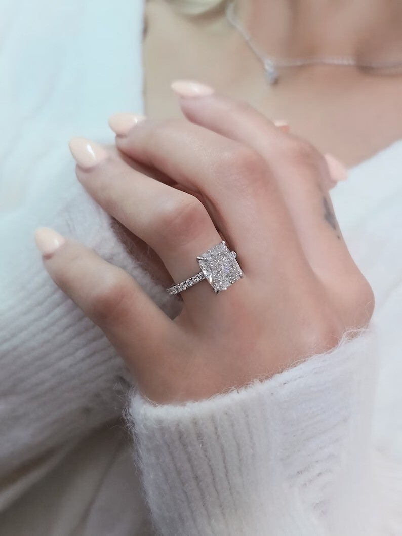 Moissanite Silver Engagement Ring Handmade Wedding Band For Bride  -image