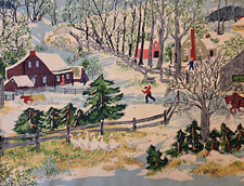 Vtg Grandma Moses Fabric looks Christmas snow...