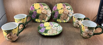 Vintage 4 Cracker Barrel Easter Treasures 3D Coffee Mugs & 3 Plates