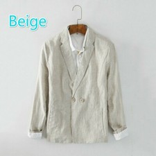 Men Linen Suit Jacket Coat Plain Lapel Double Breasted Business Blazer Top Solid
