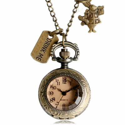 Retro Drink Me Tag Rabbit Bronze Quarz Taschenuhr für Herren Damen Halskette Geschenk