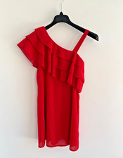 PLT Mini Dress Red Ruffle One Shoulder UK 10