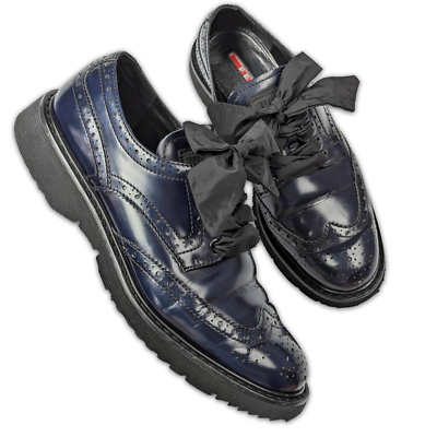 Prada Platform Navy Blue Brogue Patent Leather Bows Sneakers