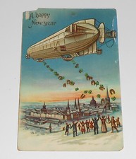 Zeppelin Air Ship Happy New Year Postcard Dirigible Dropping Clover Horseshoes
