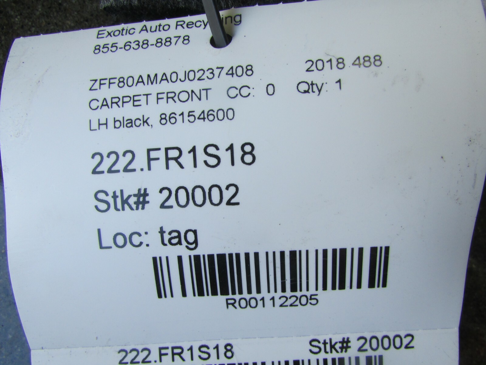 Ferrari 488, LH Left, Front Carpet, Black, Used, P/N 86154600