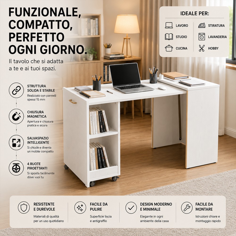Mobile con Tavolo Scomparsa Bianco Frassinato Richiudibile Salvaspazio Scrivania foto 5