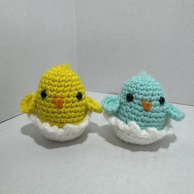 Handmade Crocheted Blue & Yellow Chicks Hatching From Eggs