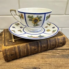 Bernardaud & Co Limoges Cup and Saucer 8 Sets Blue Lines Vibrant Floral France