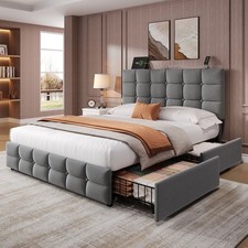 UPHOLSTERED STORAGE BED FRAME WITH DRAWERS & BUTTON TUFTED HEADBOARD DOUBLE 4FT6
