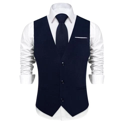  Mens Linen Suit Vest Casual Waistcoat and Necktie & Pre 3X-Large Navy Blue - Image 2 of 4