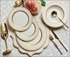 Luxury White and Gold 24 Piece New Bone China 6 Piece Dinnerware Set by Konigtum