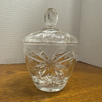 Vintage Anchor Hocking Star of David Cut Glass Lidded Sugar Bowl 