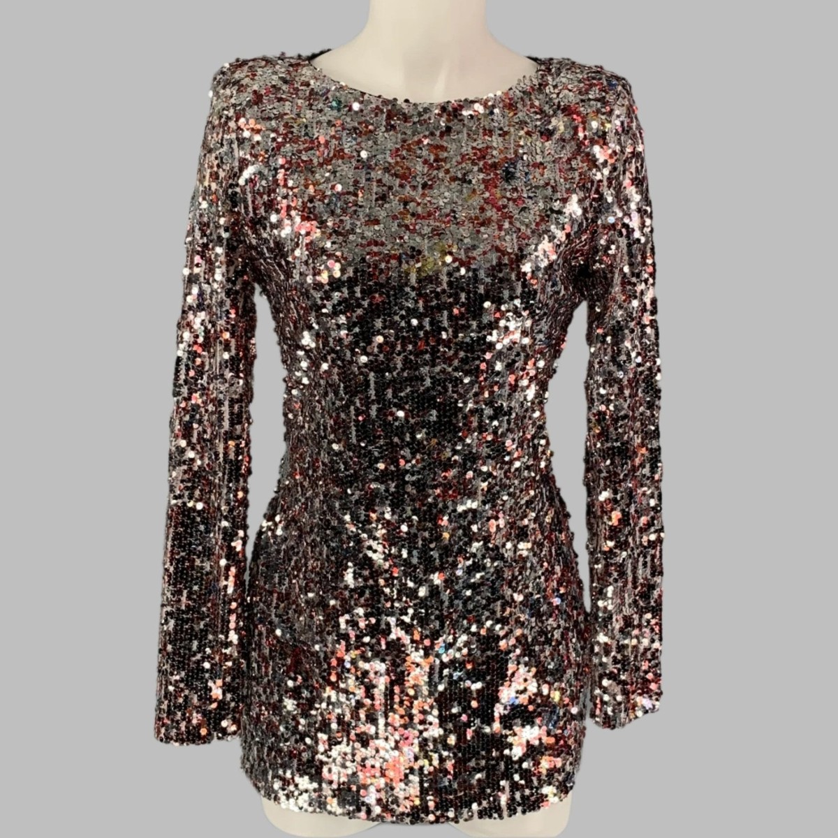 BADGLEY MISCHKA Size M Silver Burgundy Sequined Long Sleeve Mini Dress |  eBay