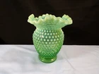 6" Fenton Green Opalescent Hobnail Glass Vase w/ Square Top UV GLOWS