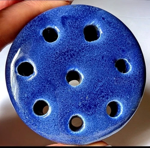 Vintage 1920s 3.5" Weller Pottery Round Blue Flower Frog *READ* Chipped Bottom