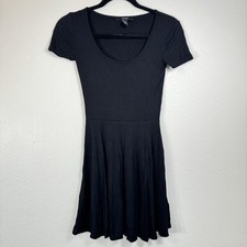 Forever 21 Juniors Black Ribbed Fit & Flare Skater Dress Short Sleeve Size XS