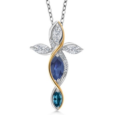 Cross Necklace For Women In 925 Silver and 10K Yellow Gold with Sapphire and