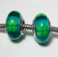 Set of 2 Irish Green Lucky Clover Bead Pandora Murano Glass Charms St. Patrick's