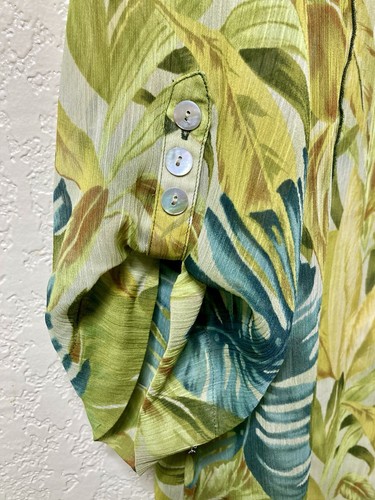 Vintage transparente Chiffon Bluse Damen XL grün gelb Blumen 3/4 Arm Y2K Tunika Oberteil - Bild 6 von 11